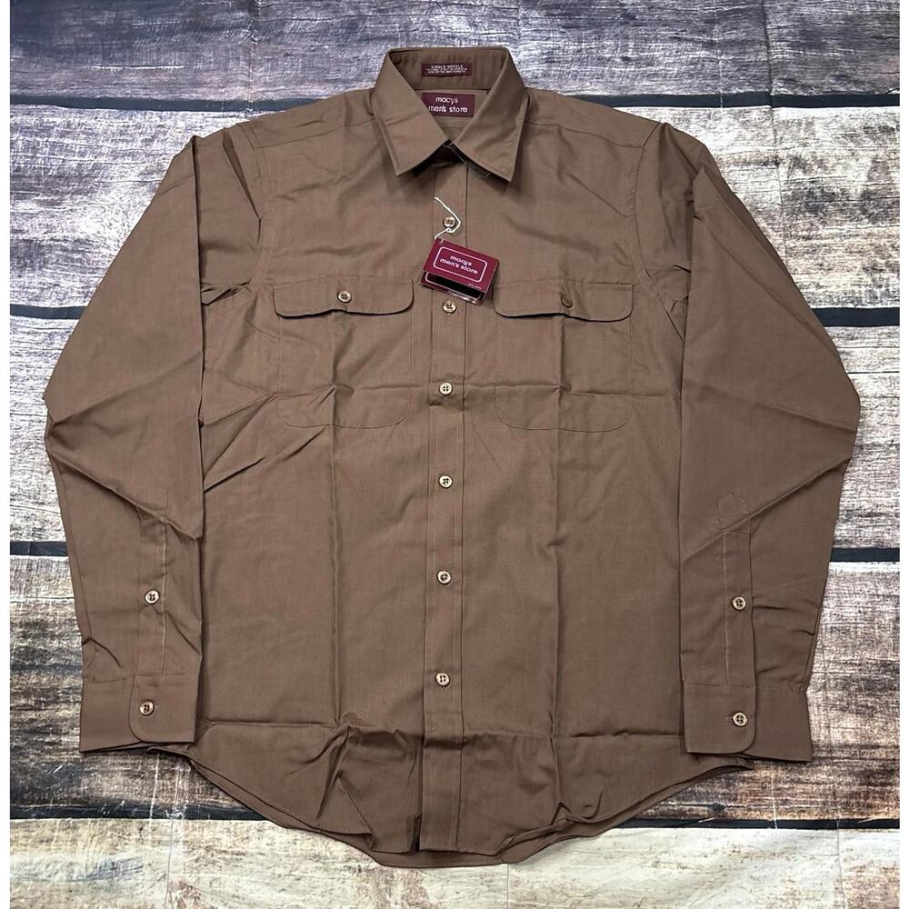 VTG 70s Macys Mens Store Dress Shirt Small 14-14.5 Brown Pockets NEW